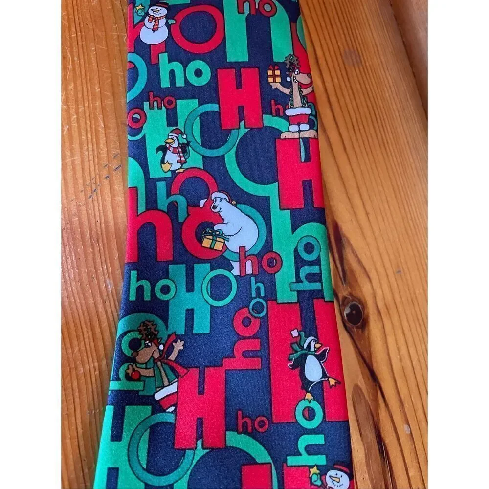 Christmas Ho Ho Ho Cartoon Tie Polar Bear Penguin Reindeer Santa Claus Red Green